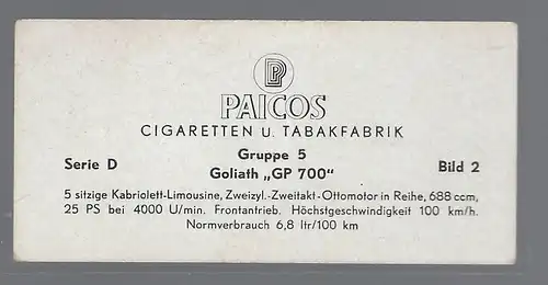 Paicos Zigarettenbilder Sammelalbum Automobile aus aller Welt. Serie D, Gruppe 5, Bild 2, Goliath GP 700