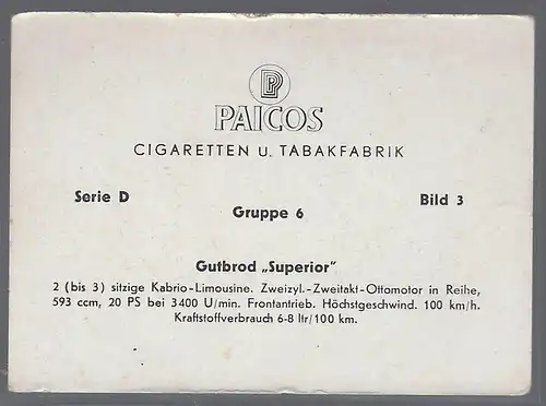 Paicos Zigarettenbilder Sammelalbum Automobile aus aller Welt. Serie D, Gruppe 6, Bild 3, Gutbrod Superior