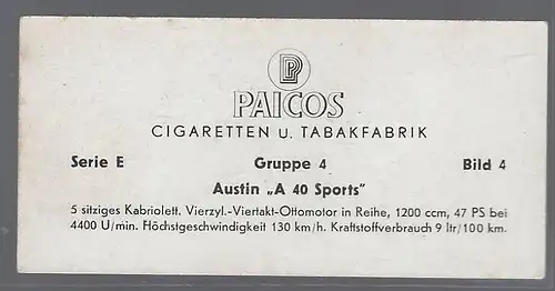 Paicos Zigarettenbilder Sammelalbum Automobile aus aller Welt. Serie E, Gruppe 4, Bild 4, Austin A 40 Sports