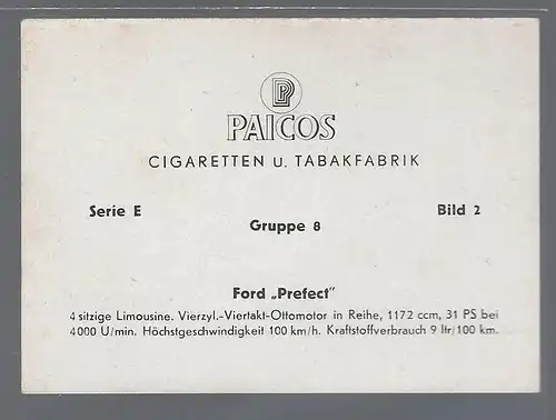 Paicos Zigarettenbilder Sammelalbum Automobile aus aller Welt. Serie E, Gruppe 8, Bild 2, Ford Prefect