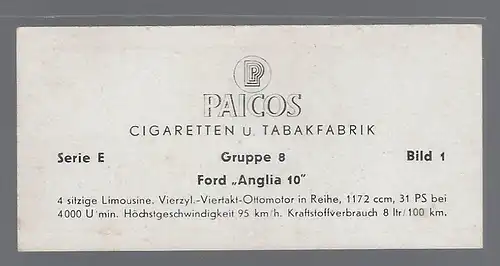 Paicos Zigarettenbilder Sammelalbum Automobile aus aller Welt. Serie E, Gruppe 8, Bild 1, Ford Anglia 10