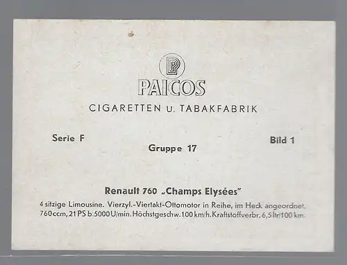 Paicos Zigarettenbilder Sammelalbum Automobile aus aller Welt. Serie F, Gruppe 17, Bild 1, Renault 760 Champs Elysees