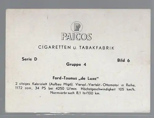 Paicos Zigarettenbilder Sammelalbum Automobile aus aller Welt. Serie D, Gruppe 4, Bild 6, Ford Taunus de Luxs