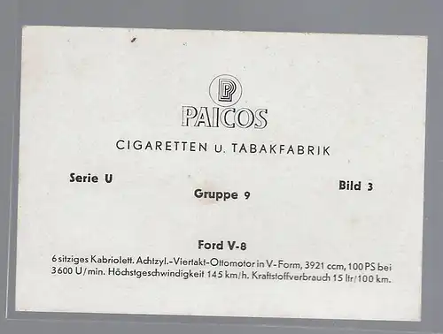 Paicos Zigarettenbilder Sammelalbum Automobile aus aller Welt. Serie U, Gruppe 9, Bild 3, Ford V8