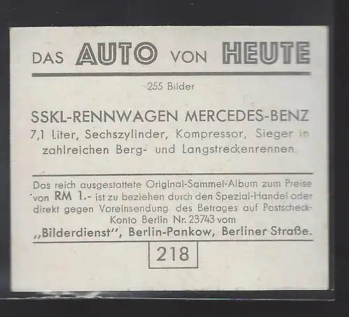 Das Auto von Heute. Bild 218. Mercedes Benz SSKL Rennwagen