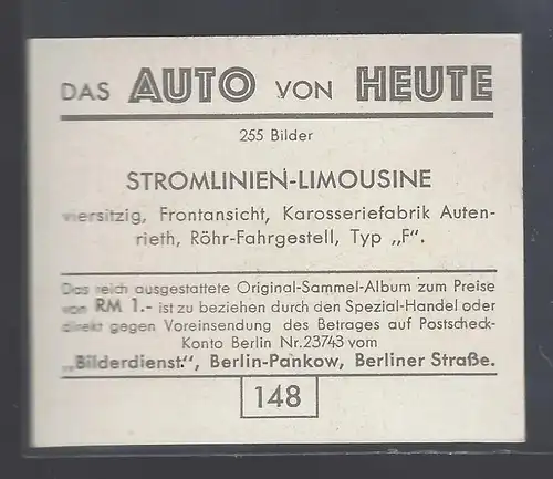 Das Auto von Heute. Bild 148. Stromlinien Limousine Röhr Fahrgestell Typ F