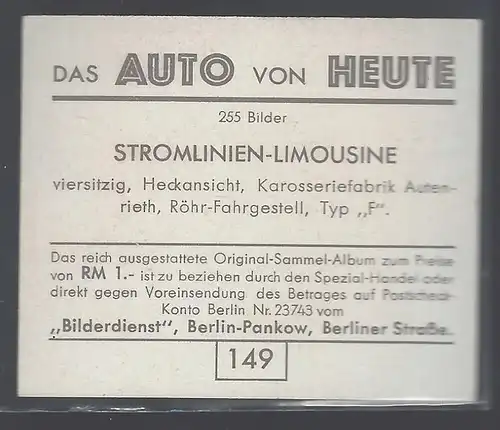 Das Auto von Heute. Bild 149. Stromlinien Limousine Heckansicht Röhr Fahrgestell Typ F