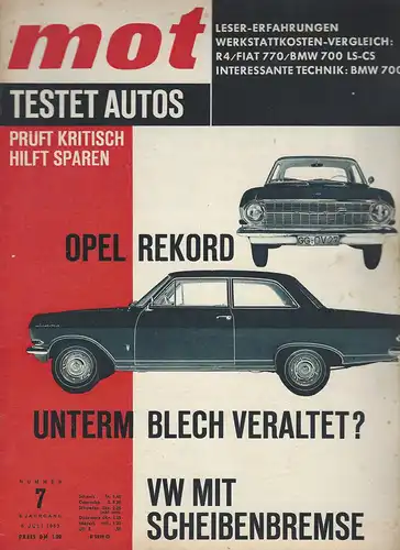 mot 7/1963. Vereinigte Motor-Verlag GmbH Stuttgart: Test Opel Rekord, Technik BMW LS/CS, VW Käfer mit Scheibenbremsen. 