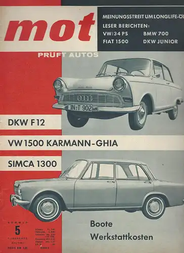 mot 5/1963. Vereinigte Motor-Verlag GmbH Stuttgart: mot fuhr Simca 1300, Test DKW F 12, Test VW 1500 Karmann Ghia Coupé, Werkstattkosten 2 CV / Prinz 4 / F 12. 