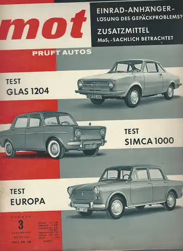 mot 3/1963. Vereinigte Motor-Verlag GmbH Stuttgart: Test NSU/Fiat Europo, Test Glas 1204, Test Simca 1000, Zubehör zum BMW LS. 