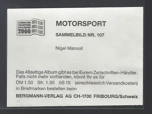 Bergmann Motorsport. Sammelbild Nr.107   Nigel Mansell
