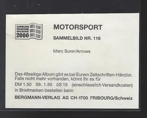 Bergmann Motorsport. Sammelbild Nr.116   Marc Surer / Arrows