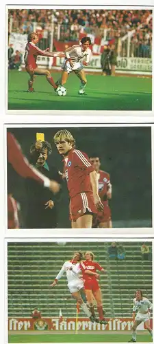 3x Bergmann Fussball 83/84. Sammelbild Nr. 9/10/11.  Dietmar Jakobs (HSV) gegen Bayern München, Holger Hieronymus (HSV) gegen Fortuna Düsseldorf, Bernd Wehmeyer (HSV) gegen Bayern München