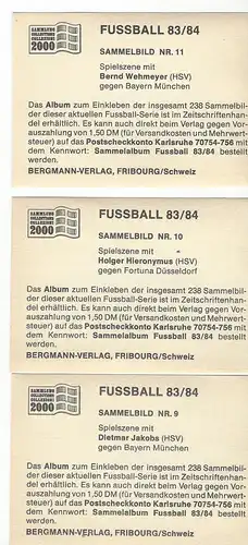 3x Bergmann Fussball 83/84. Sammelbild Nr. 9/10/11.  Dietmar Jakobs (HSV) gegen Bayern München, Holger Hieronymus (HSV) gegen Fortuna Düsseldorf, Bernd Wehmeyer (HSV) gegen Bayern München