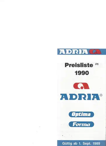 Prospekt Adria 1990. Mit Preisliste. 