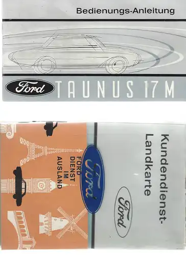 Boardmappe für Ford Taunus 17M.
Mit Bedienungsanleitung 1962, Kundendienst-Landkarte und Broschüre Ford Dienst im Ausland.
Alles in einer original Ford Kunststoffhülle. 