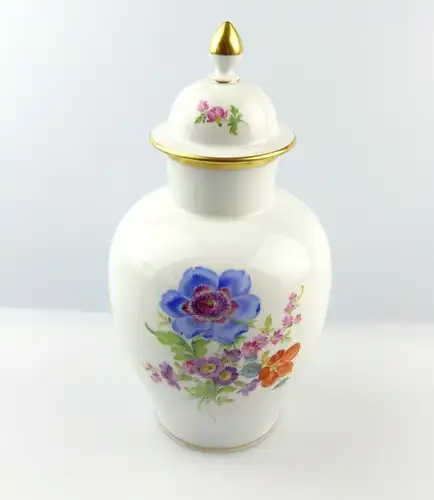 #e4328 Meissen Porzellan Vase mit Deckel 2. Wahl mit bunten Blumen & Goldrand