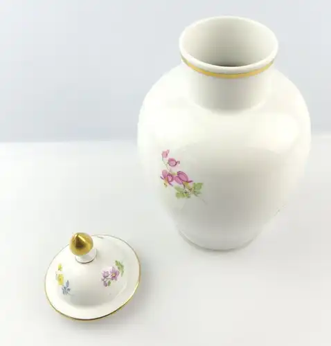 #e4328 Meissen Porzellan Vase mit Deckel 2. Wahl mit bunten Blumen & Goldrand