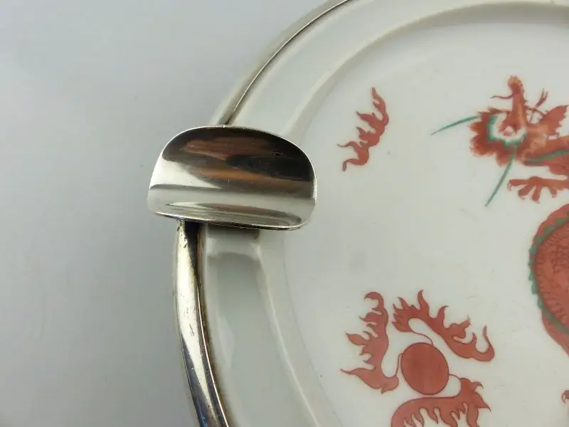 #e8236 Alter Rosenthal Aschenbecher mit Drachen und 835 Silbermontierung 1