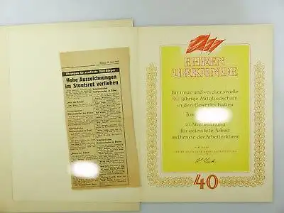 #e8167 DDR Orden "Banner der Arbeit" mit Urkunde von 1967 und Ehrenurkunde FDGB