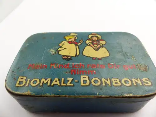 #e8275 Alte Blechdose Biomalz Bonbons mit original Werbezettel innen sehr selten