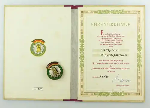 E9152 VP Meister A. Mareck Ehrenzeichen der Deutschen Volkspolizei mit Urkunde