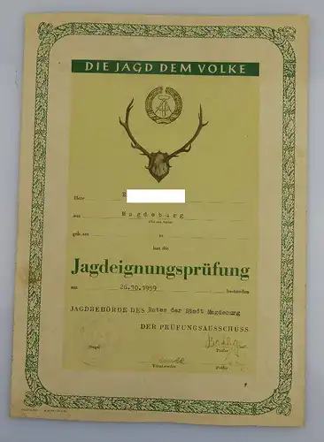 Urkunde: Bestandene Jagdeignungsprüfung, verliehen 1959, Orden1922