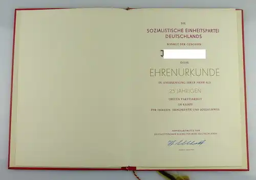 Urkunde: SED 25 Jahre treue Parteiarbeit im Kampf für Frieden, Demokr, Orden1916