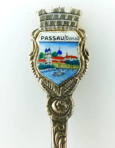 #e2220 100er Silberauflage Antiko Andenkenlöffel mit Wappen Passau /Donau