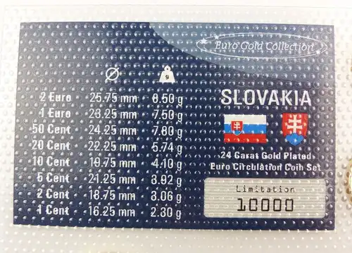 #e7373 Slowakei "Euro Gold Collection" Münzsatz 2 Cent bis 2 Euro alle vergoldet