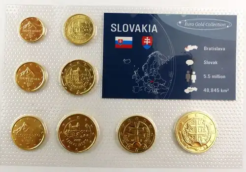 #e7373 Slowakei "Euro Gold Collection" Münzsatz 2 Cent bis 2 Euro alle vergoldet