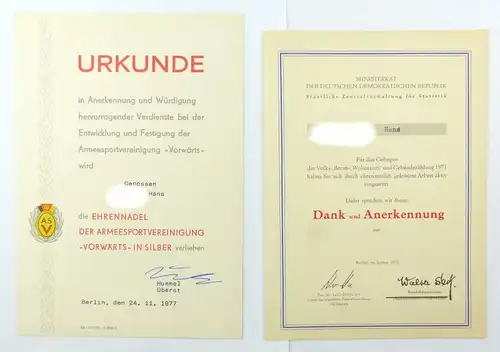 #e6871 3 Urkunden & 1 Dankesschreiben 70er / 80er Jahre ASV / DSV Ehrennadel