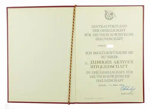 #e6781 DDR Urkunde: 35 Jahre Gesellschaft für Deutsch-Sowjetische Freundschaft