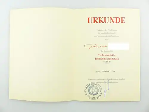 #e6757 DDR Urkunde: Verdienstmedaille der Deutschen Reichsbahn Stufe III 1982