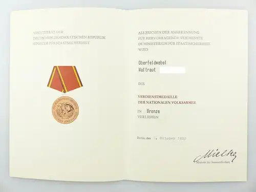 #e6755 Urkunde: Verdienstmedaille der NVA in Bronze verliehen 1980 Oberfeldwebel