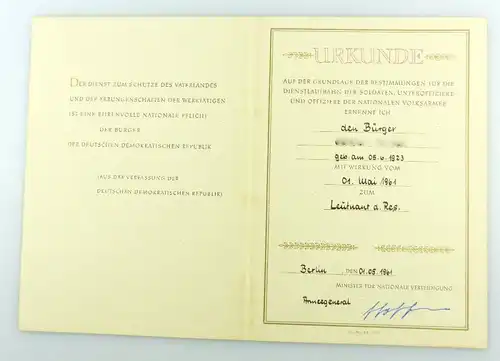 #e3412 Urkunde Leutnant des Reservistenkollektivs Armeegeneral 1961 DDR NVA
