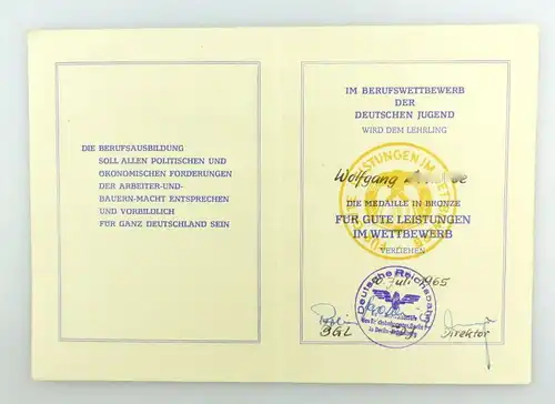 #e3405 Urkunde für Medaille in Bronze Deutsche Reichsbahn DDR 1965 verliehen