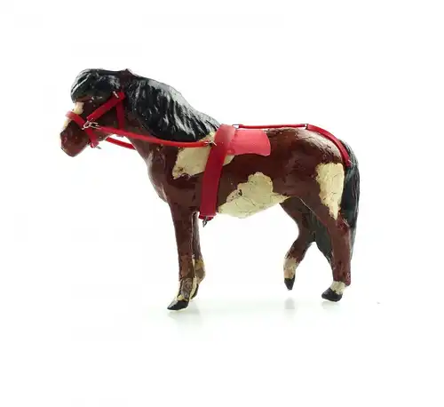 e9417 Antikspielzeug Tier Masse Figur Lineol Pony weiß gescheckt mit Zaumzeug