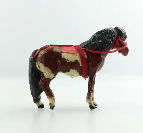 e9417 Antikspielzeug Tier Masse Figur Lineol Pony weiß gescheckt mit Zaumzeug