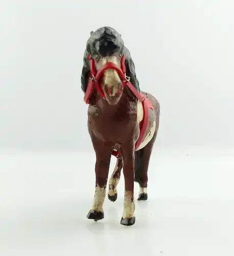 e9417 Antikspielzeug Tier Masse Figur Lineol Pony weiß gescheckt mit Zaumzeug