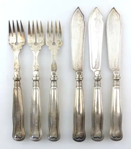 E9684 6 teiliges WMF Fischbesteck mit Augsburger Faden und Ziermonogramm H