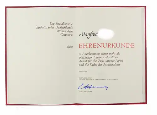 #e6879 DDR Ehrenurkunde für mehr als 40 jährige Arbeit bei der SED Berlin 1986