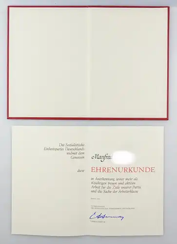 #e6879 DDR Ehrenurkunde für mehr als 40 jährige Arbeit bei der SED Berlin 1986