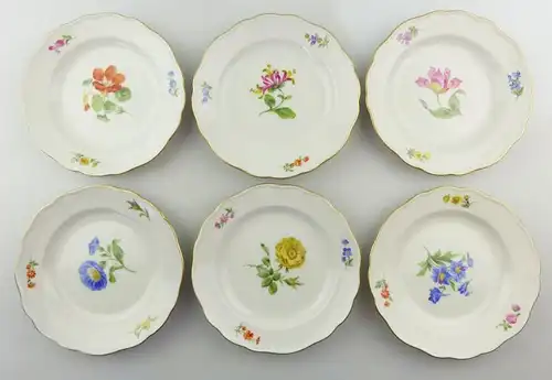 E9813 6 Meissen Kuchenteller / Gebäckteller 2. Wahl mit Goldrand und Blumen