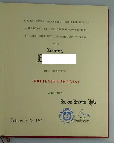 Urkunde Verdienter Aktivist Rat des Bezirkes Halle verliehen 1965 Orden1915