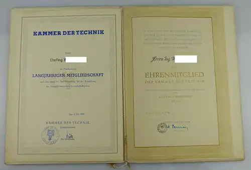 2 Urkunden: Ehrenmitglied Kammer der Technikg, langjährige Mitgliedsc, Orden1909