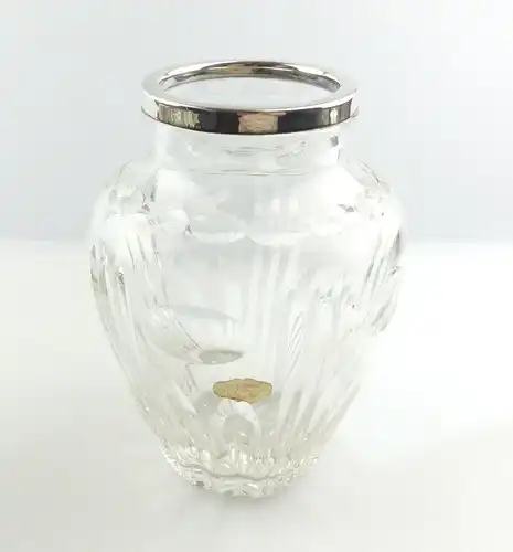 #e8355 Original alte handgeschliffene Vase Bleikristall mit 835er Silberrand