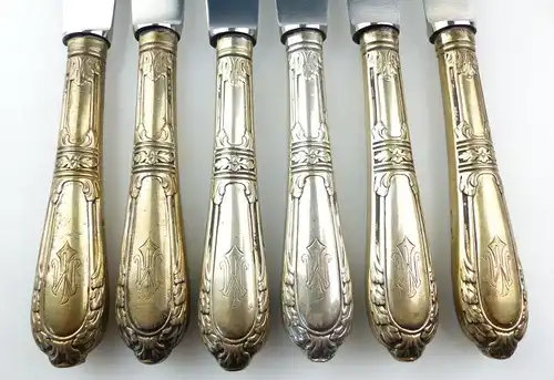 E10285 6 wunderschöne Gründerzeit Dessertmesser mit Griffen aus 800er Silber