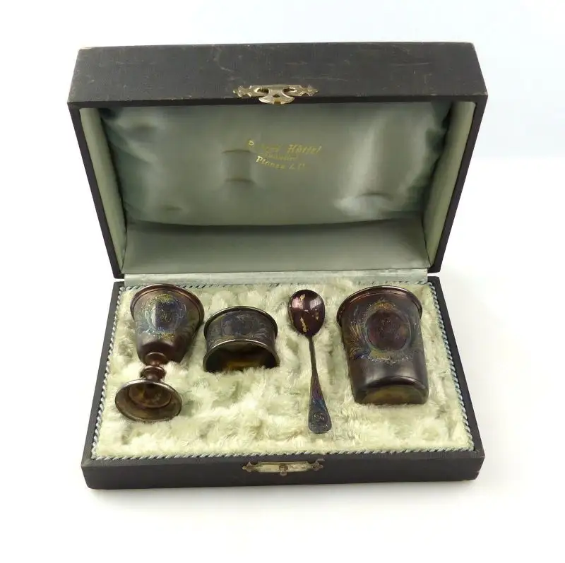 E10317 Altes Taufgeschenk 800 Silber Eierbecher Serviettenring Löffel Becher W 0