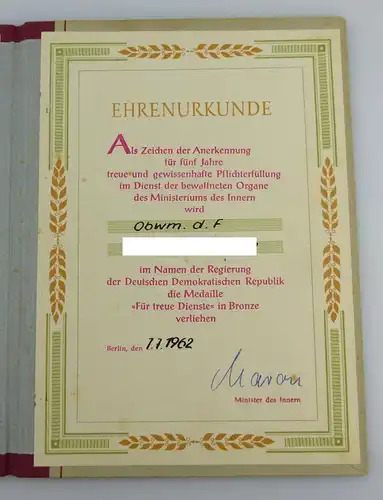 Urkunde: Medaille Treue Dienste in den bewaffneten Organen MdI 1962, Orden2794